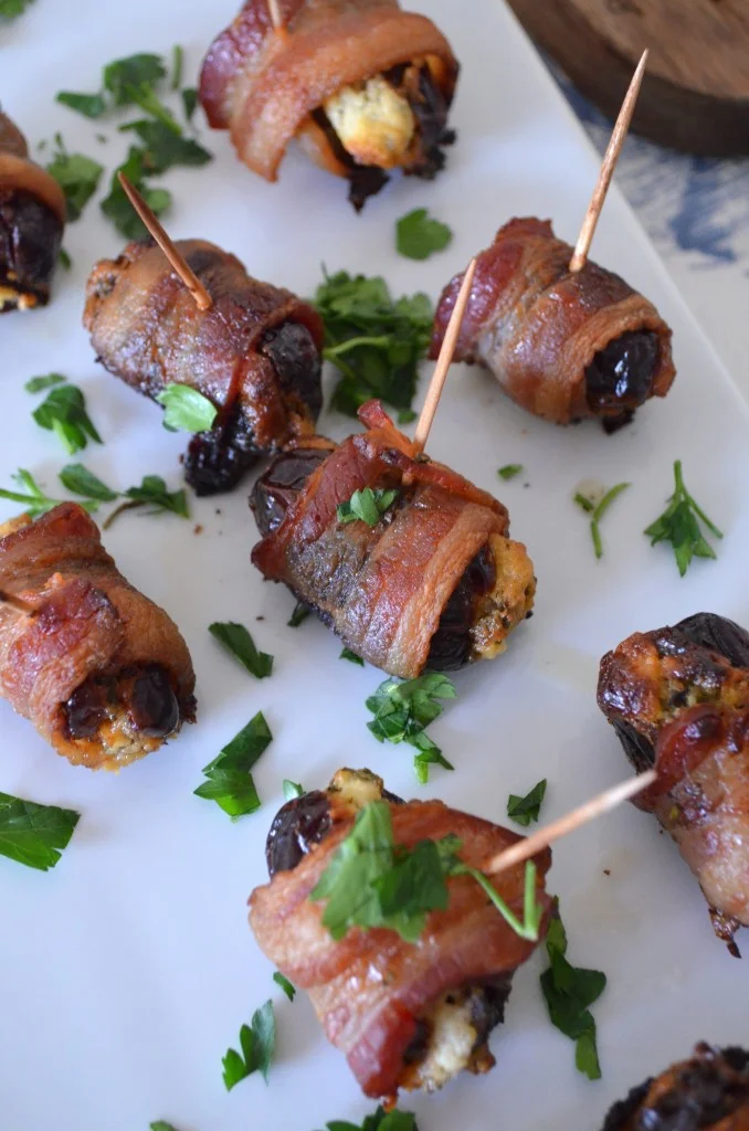 Bacon Wrapped Dates Stuffed with Herbed Goat Cheese and Mascarpone