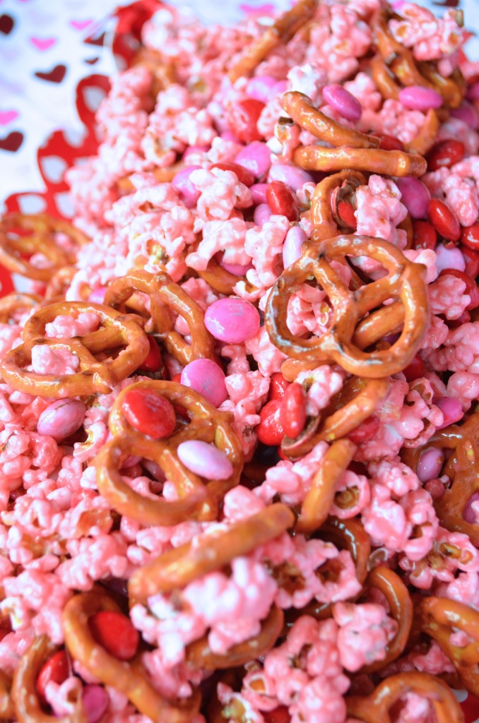 Pink Popcorn with Pretzels and M&amp;Ms