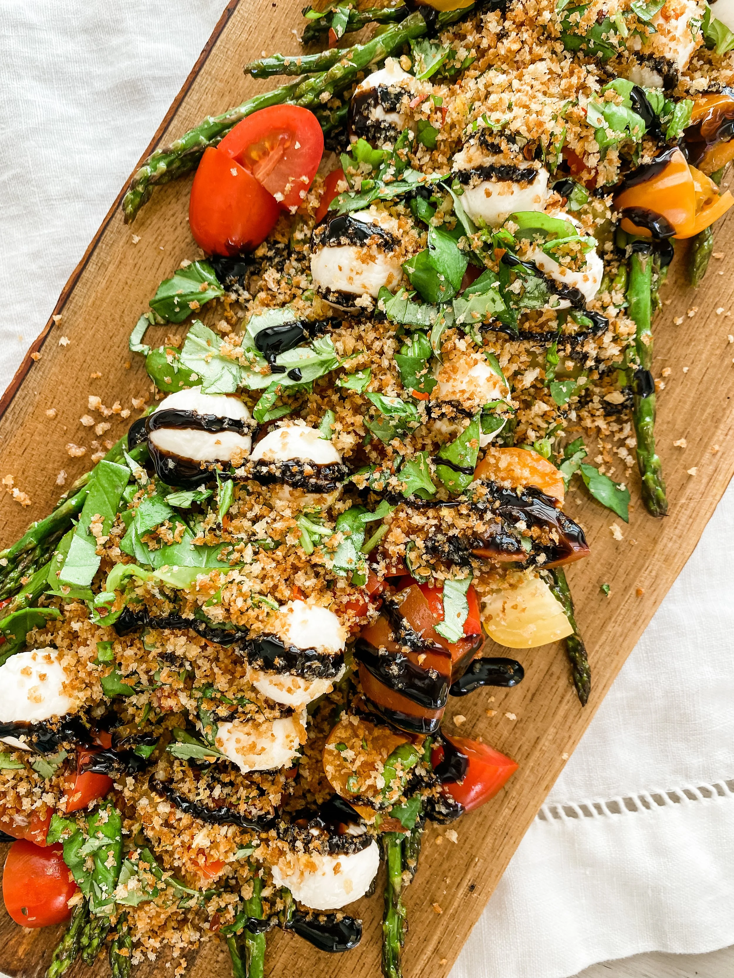 Asparagus Caprese Salad with a Crunchy Basil Topping