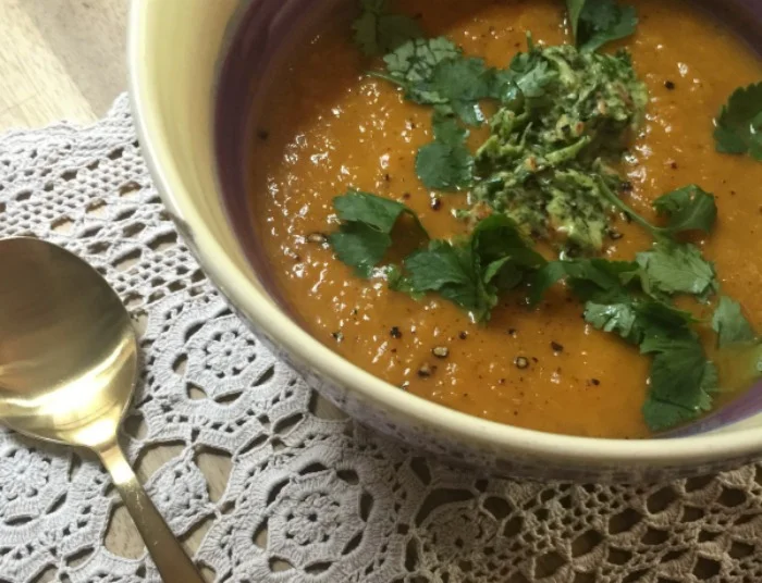 Ginger Pear & Pumpkin Soup with Coriander Pesto