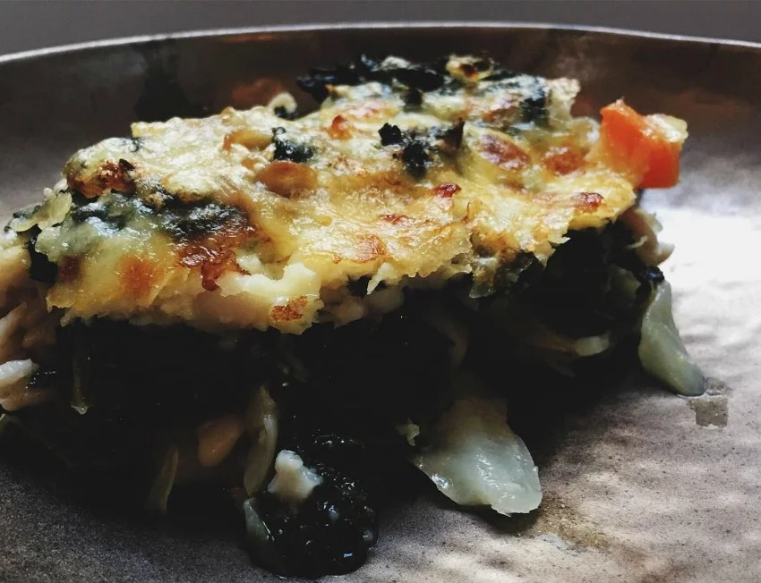 Cabbage, cheese and buckwheat pasta casserole