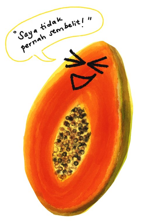 A slice of papaya with a laughing face saying "Saya tidak pernah sembelit!"