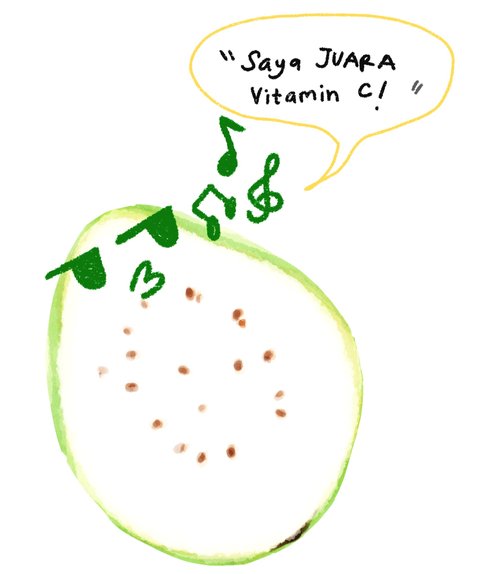 A slice of guava with cool sunglasses and humming while saying "Saya Juara Vitamin C!"