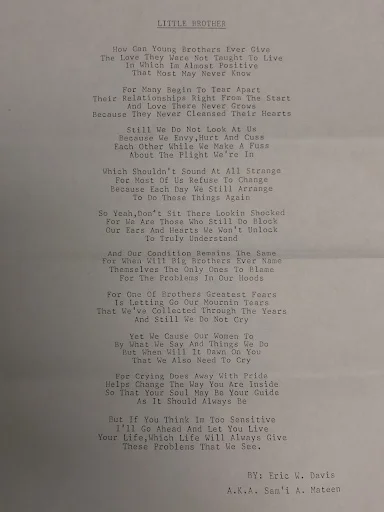 Artist: Eric W. Davis Work: Little Brother (poem) Lancaster State Prison Lancaster, CA
