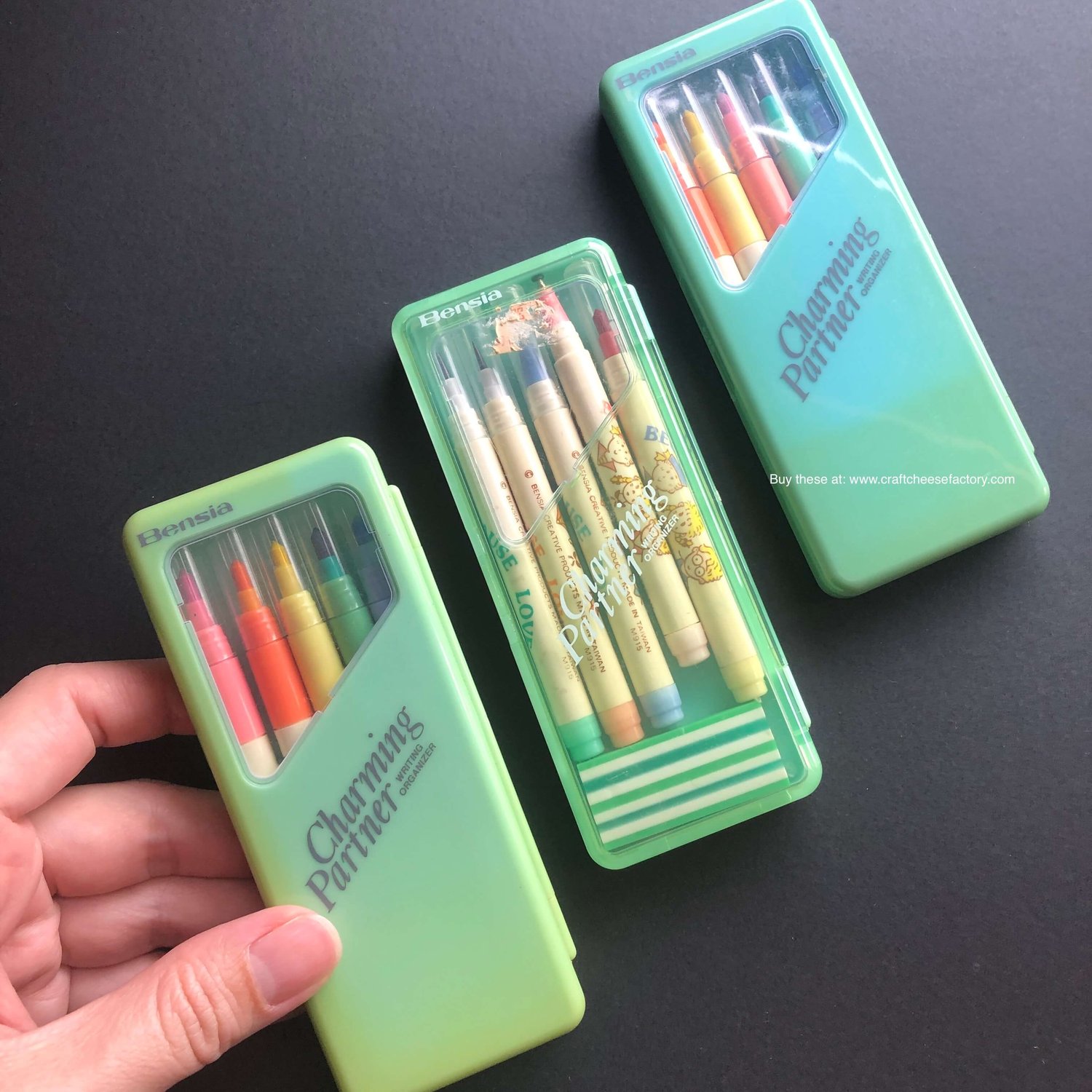 Vintage Bensia Charming Partner 1980s pencil box case with cartoon crayons  —