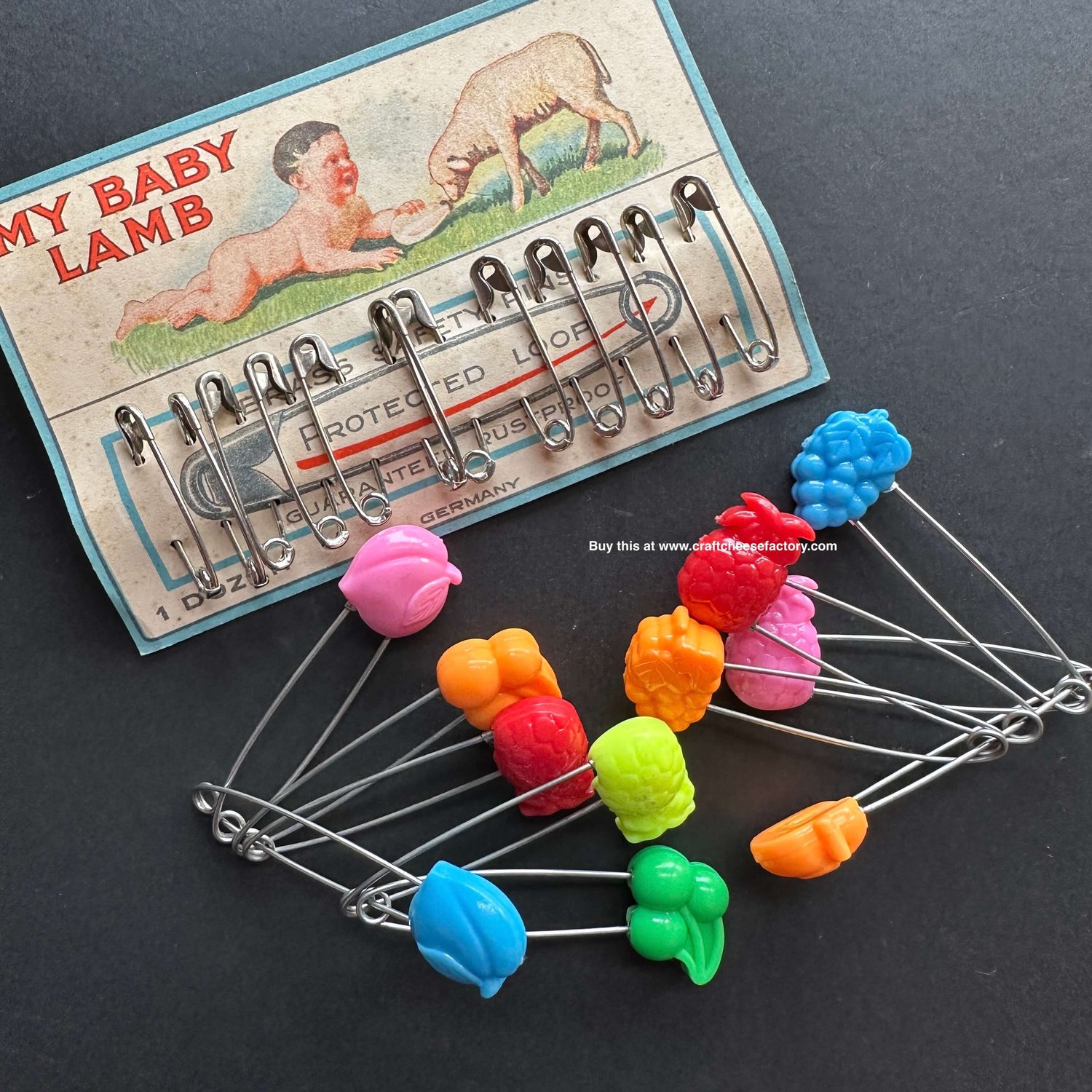 Vintage Germany plastic fruit baby nappy diaper pins