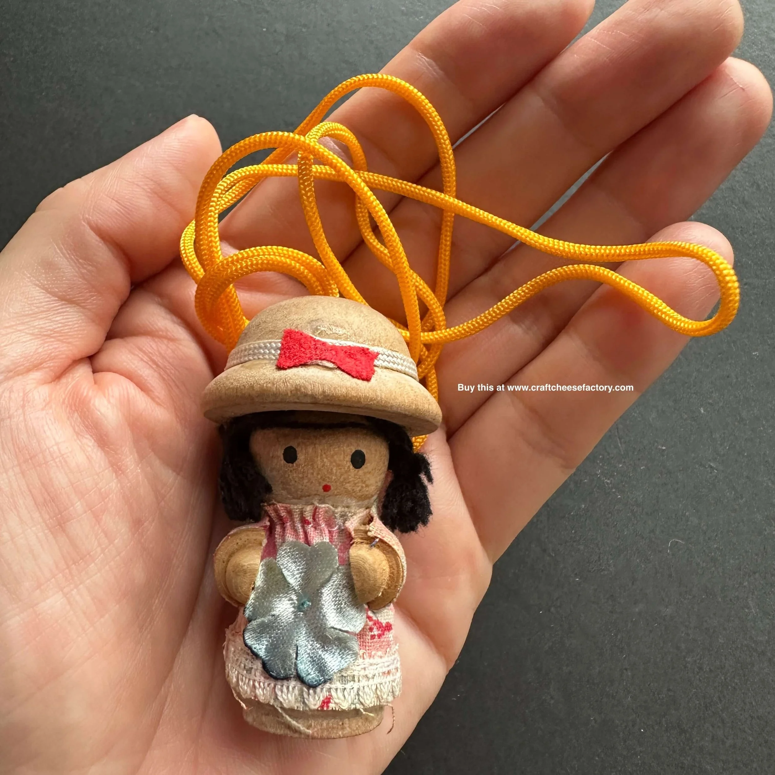Vintage wooden doll yarn hair pendant necklace