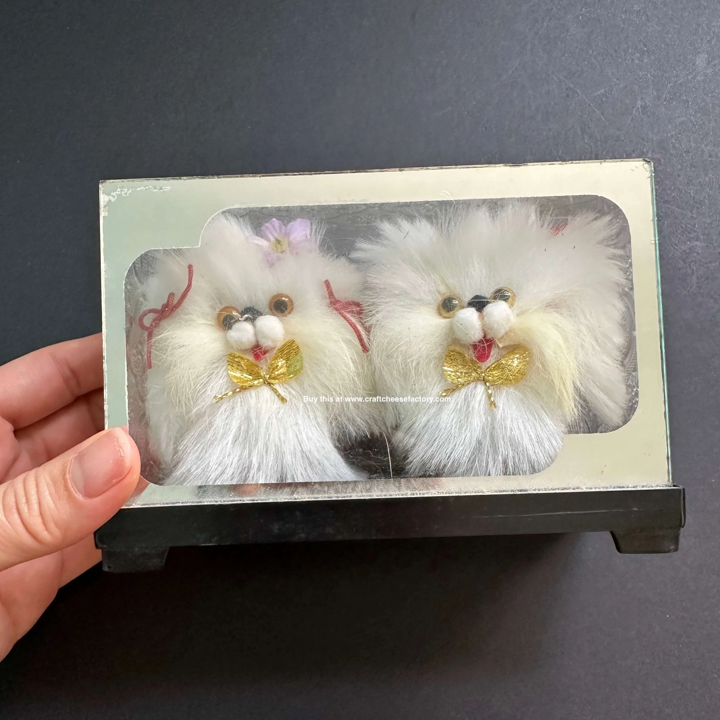 Vintage Japan pom pom dog puppy shadow box ornament