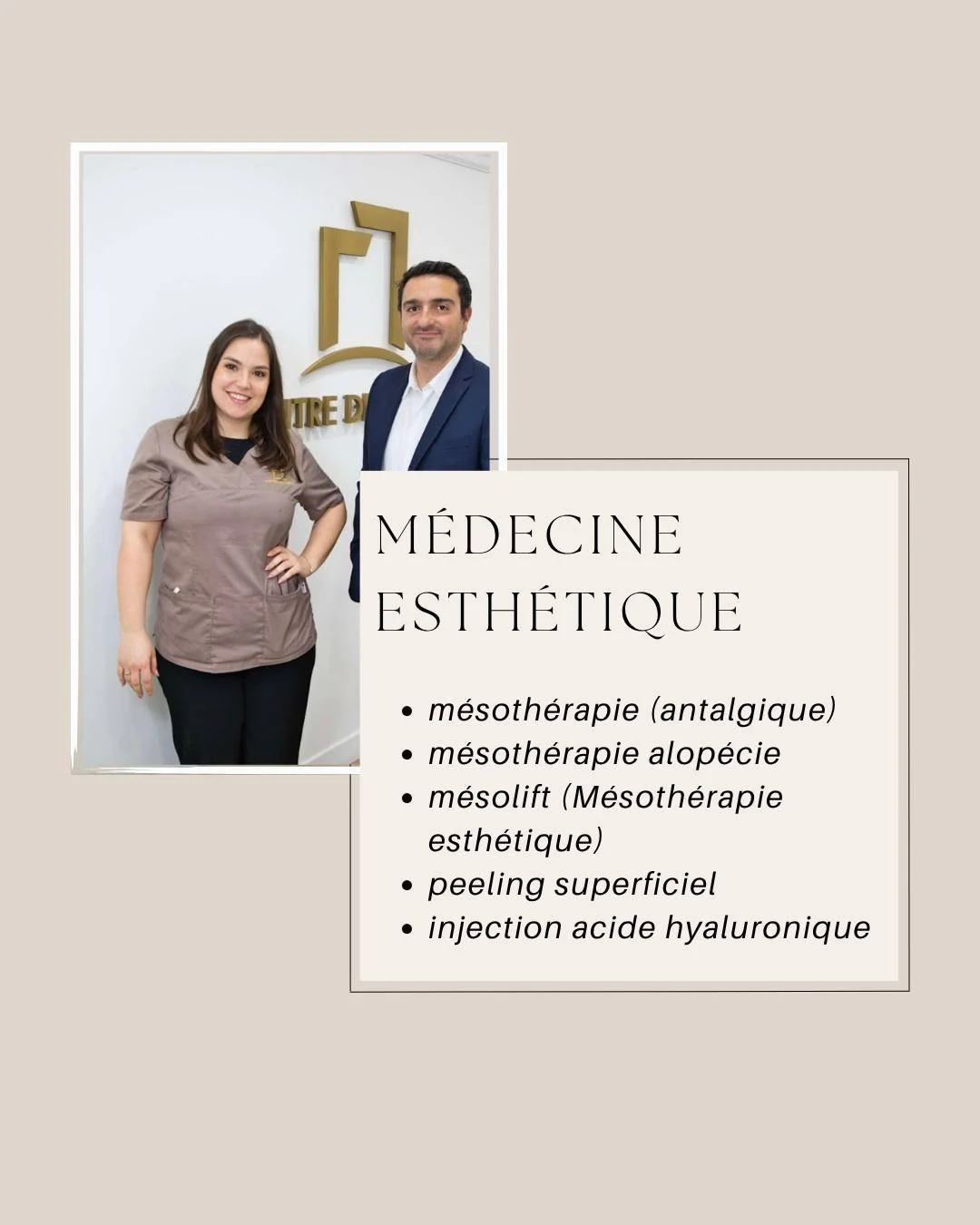 ✨D&eacute;couvrez nos soins de m&eacute;decine esth&eacute;tique personnalis&eacute;s, alliant efficacit&eacute; et douceur :

M&eacute;soth&eacute;rapie antalgique &ndash; 60 &euro;
Soulagement des douleurs musculaires, articulaires et tendineuses p