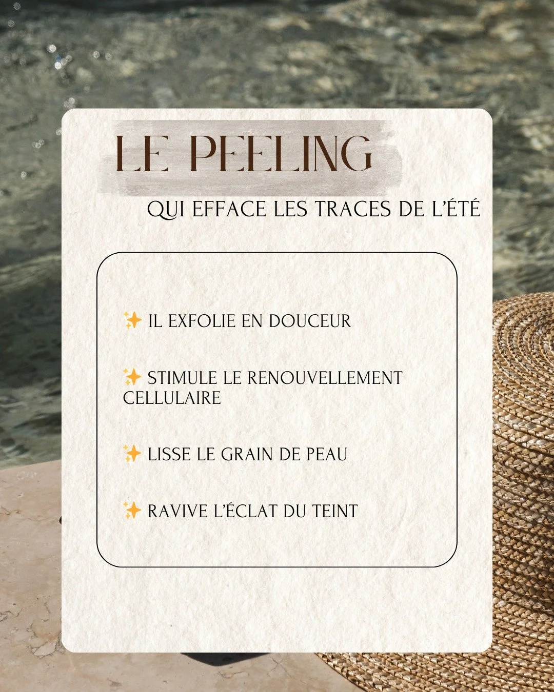Le soleil, le sel, le chlore&hellip; autant de petits plaisirs d&rsquo;&eacute;t&eacute; qui peuvent laisser des traces sur votre peau : teint terne, t&acirc;ches pigmentaires, exc&egrave;s de s&eacute;bum.
Le peeling superficiel est l&rsquo;alli&eac