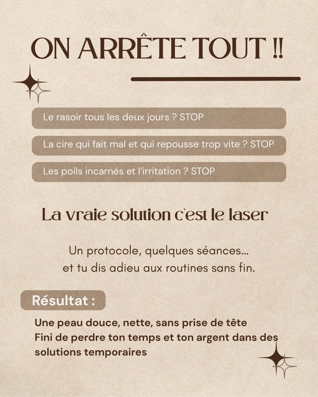 👉 Si tu veux vraiment un changement durable, il est temps de passer en institut et d&rsquo;oser le laser.

Parce qu&rsquo;honn&ecirc;tement&hellip; tu m&eacute;rites mieux qu&rsquo;un rasoir et un pot de cire. 💥

#EpilationLaser #StopRasoir #StopCi