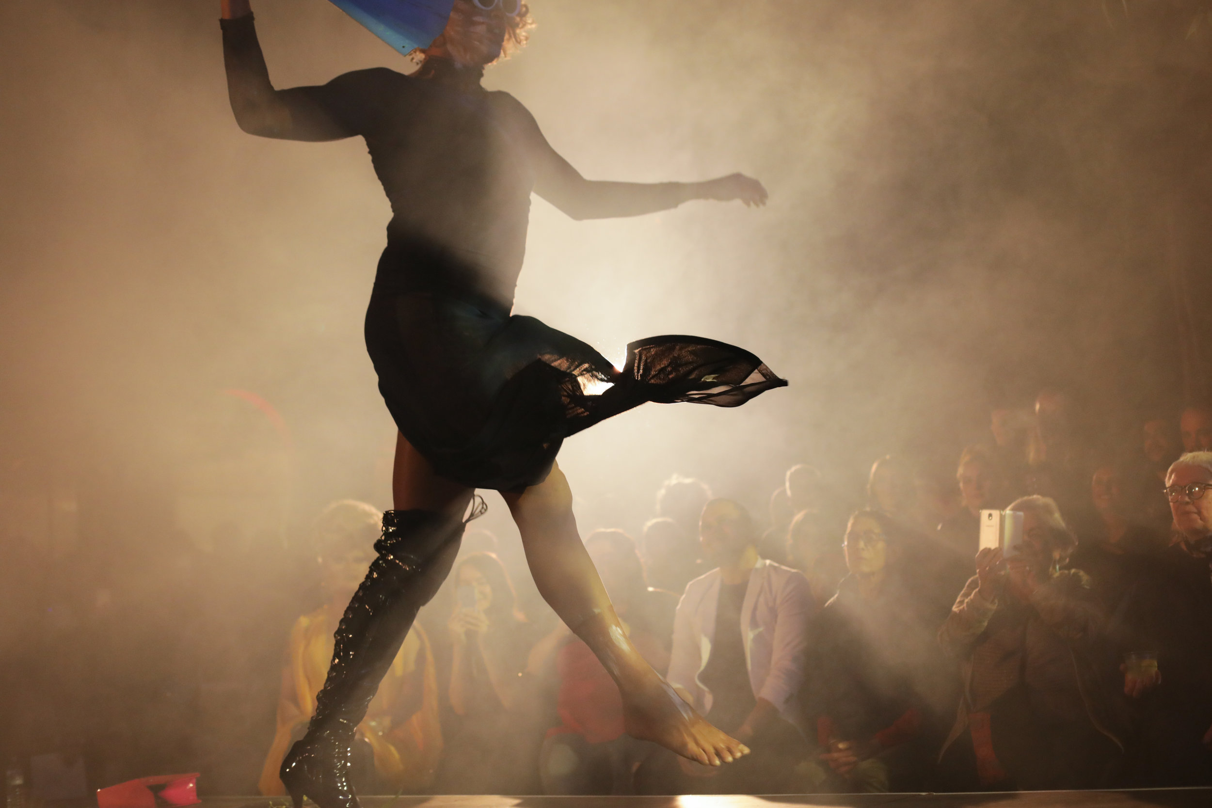 Sarah Moany twirls on stage in a black dress and sunglasses. Sarah was inspired by Lenny's foster mother, who was an opera singer. Photo: Warwick Jones