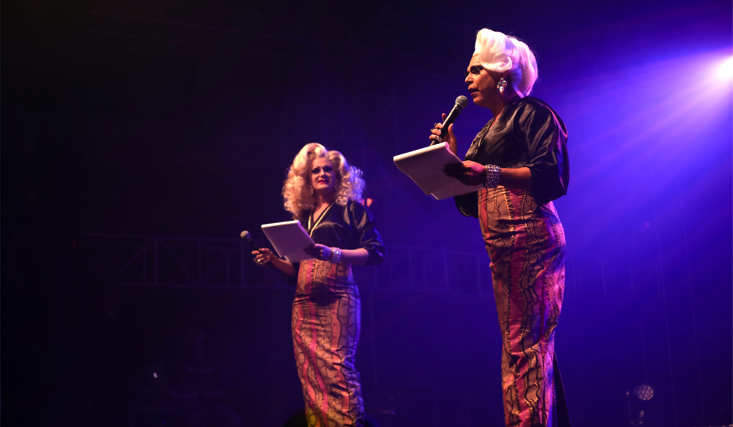 The pageant’s hosts, Marzi Panne and Miss Elaneous, announce the contestants. Danniel Cunningham and Ben Graetz, who played the hosts, are co-directors of Party Passport, which founded Miss First Nation in 2014. Photo: Warwick Jones