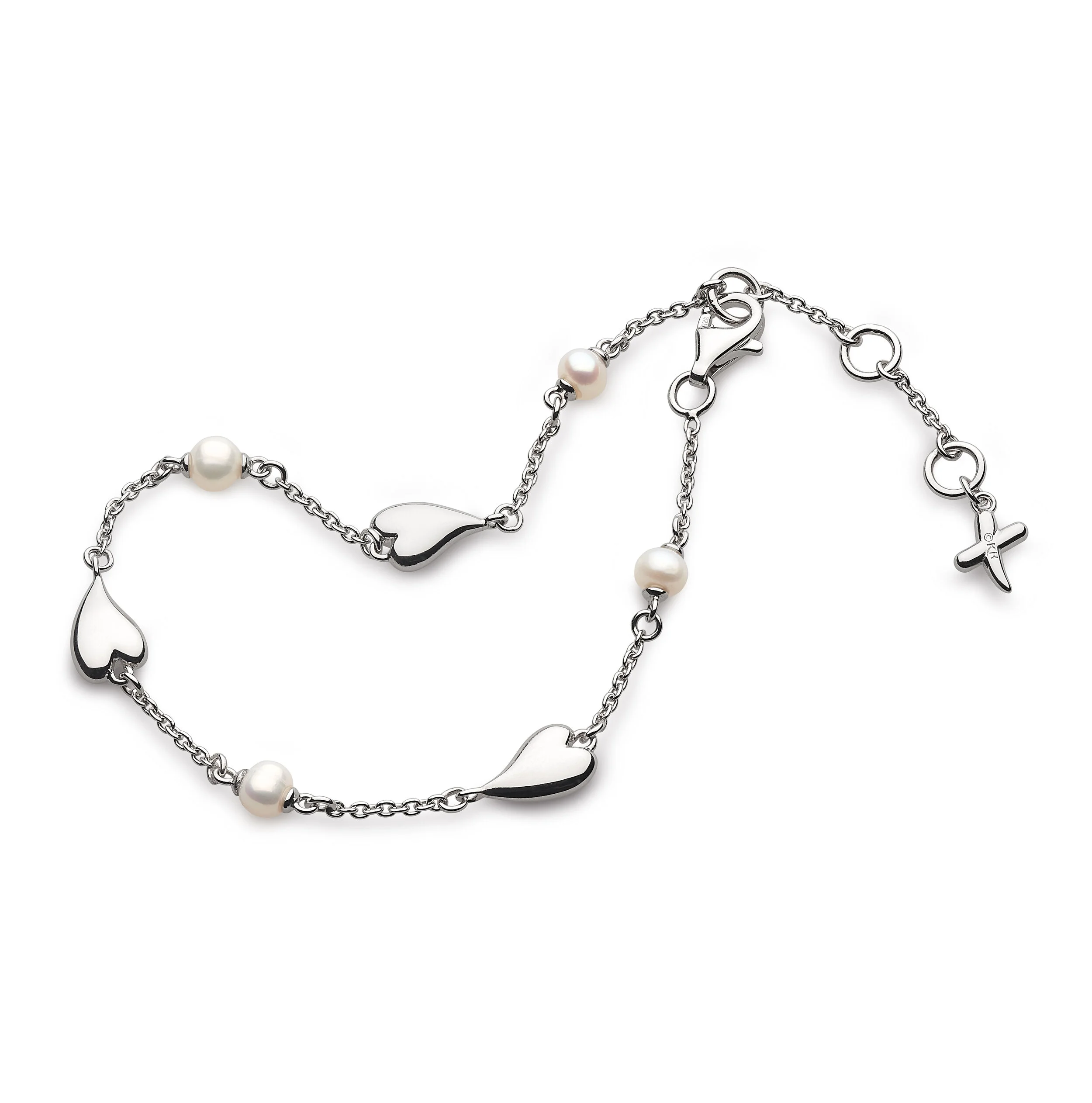 Mini Heart Rhodium Plate Freshwater Pearl Bracelet