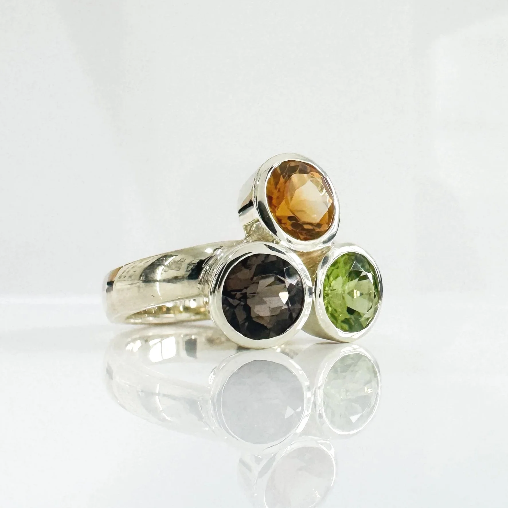 Peridot, smokey quartz and citrine ring