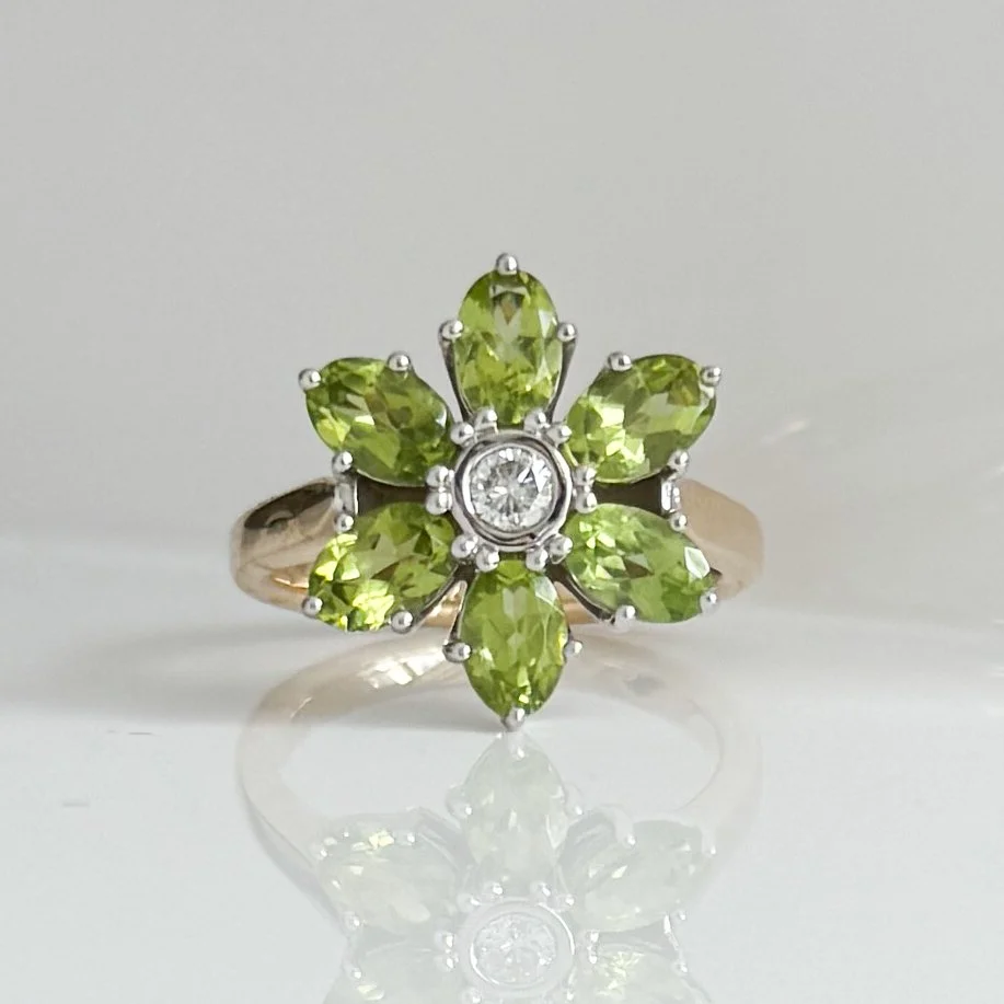 GOLD & WHITE METAL DIAMOND & PERIDOT FLOWER RING.jpg