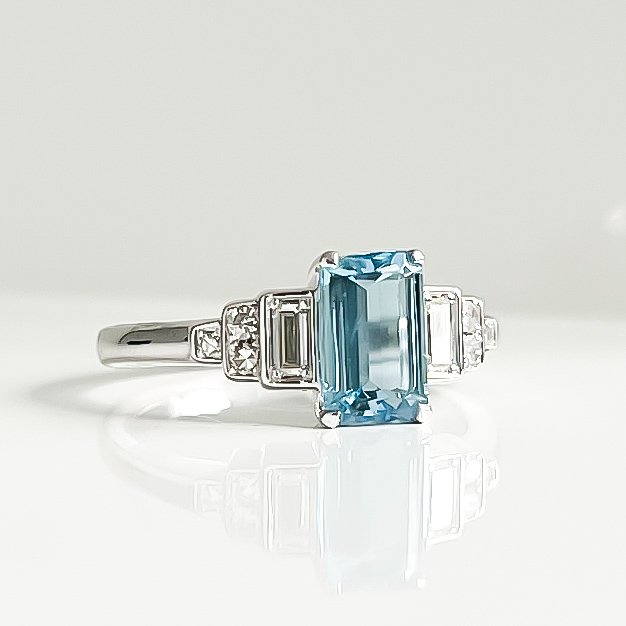 Emerald cut aquamarine ring