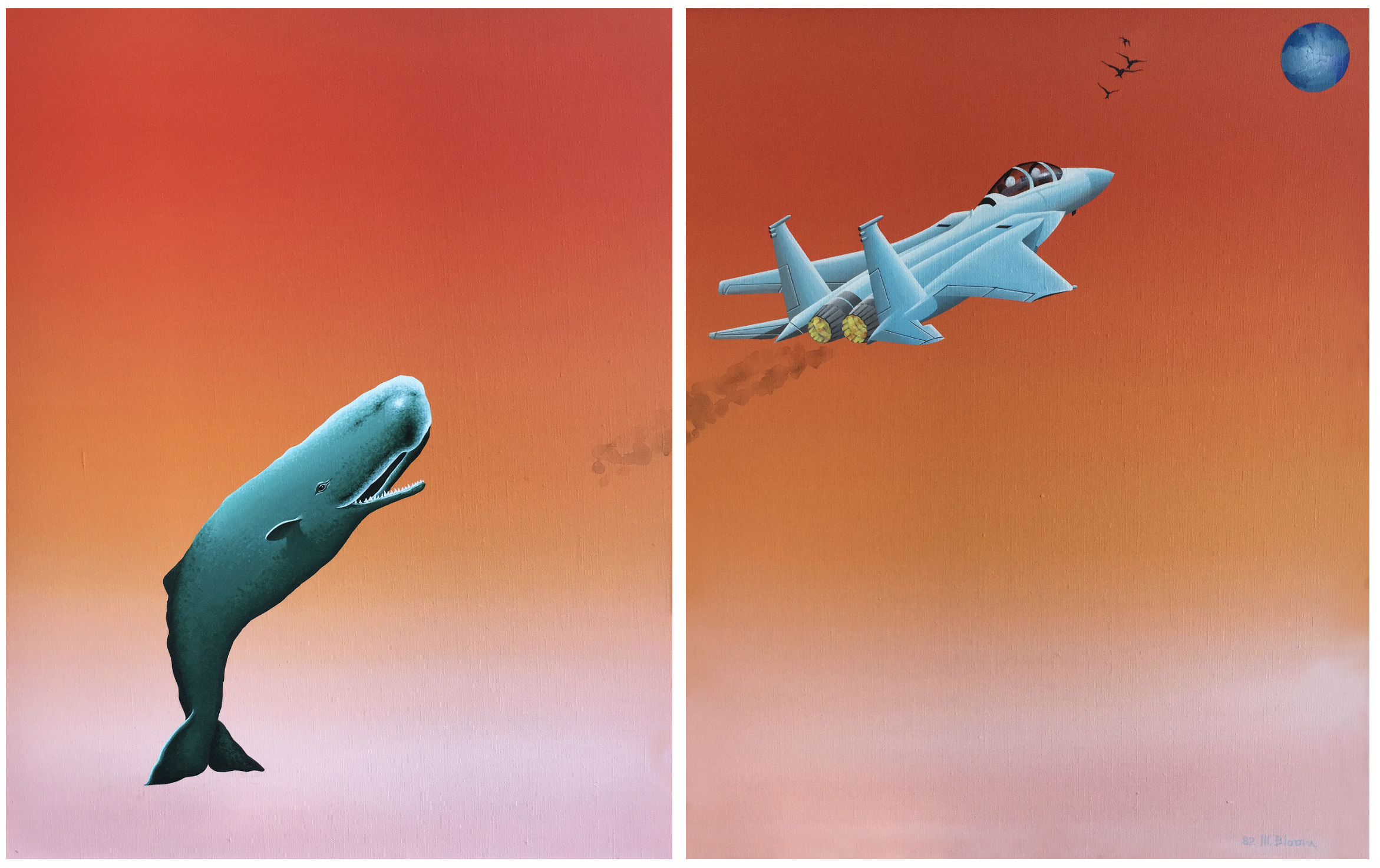 CHASE (diptych) • 53” x 23” • 1982 MAN AN HAS THE INCURABLE TENDENCY OF WAGING WAR UPON HIS FELLOW MAN AND NATURAL ENVIRONMENT. PERHAPS, CONDITIONS SHOULD BE REVERSED. THE APPROXIMATE COST OF AN F-15 TODAY IS 24 MILLION DOLLARS. IF THESE FUNDS