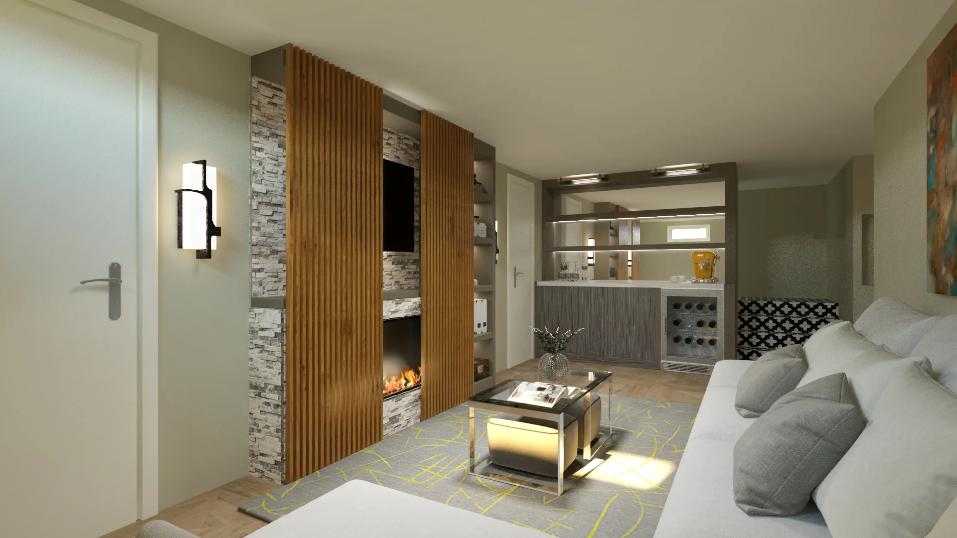 AFTER - BASEMENT (CREATING A FAMILY ROOM WITH A MINIBAR, FIREPLACE , AND CONCEALED TV)
