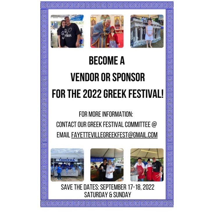 Want to bring your business in front of hundreds of people? Become a vendor or sponsor for the 2022 Greek Festival, Saturday, September 17- Sunday, September 18, 2022. 
As a vendor and sponsor  you will receive a ton of exposure the day of the event 
