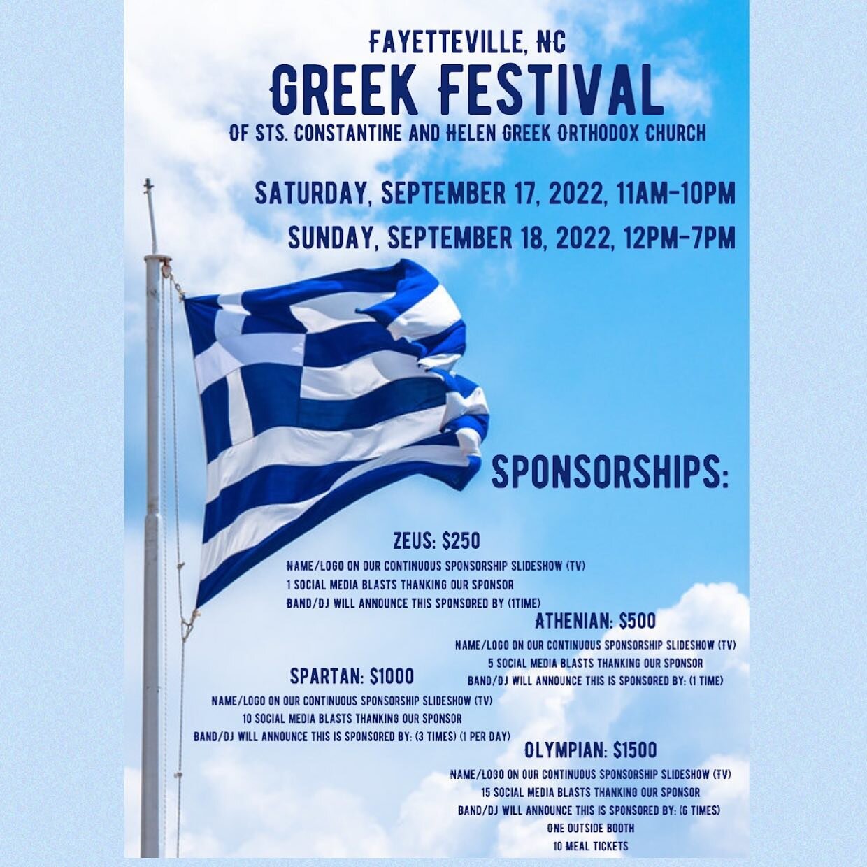 The Greek Festival is coming up and we're looking for sponsors and volunteers.
For more information on Sponsorships and Volunteering, please contact Lia Hasapis at lhasapis19@gmail.com. 
#Greek #fayettevillenc #greekfood #greekfestival