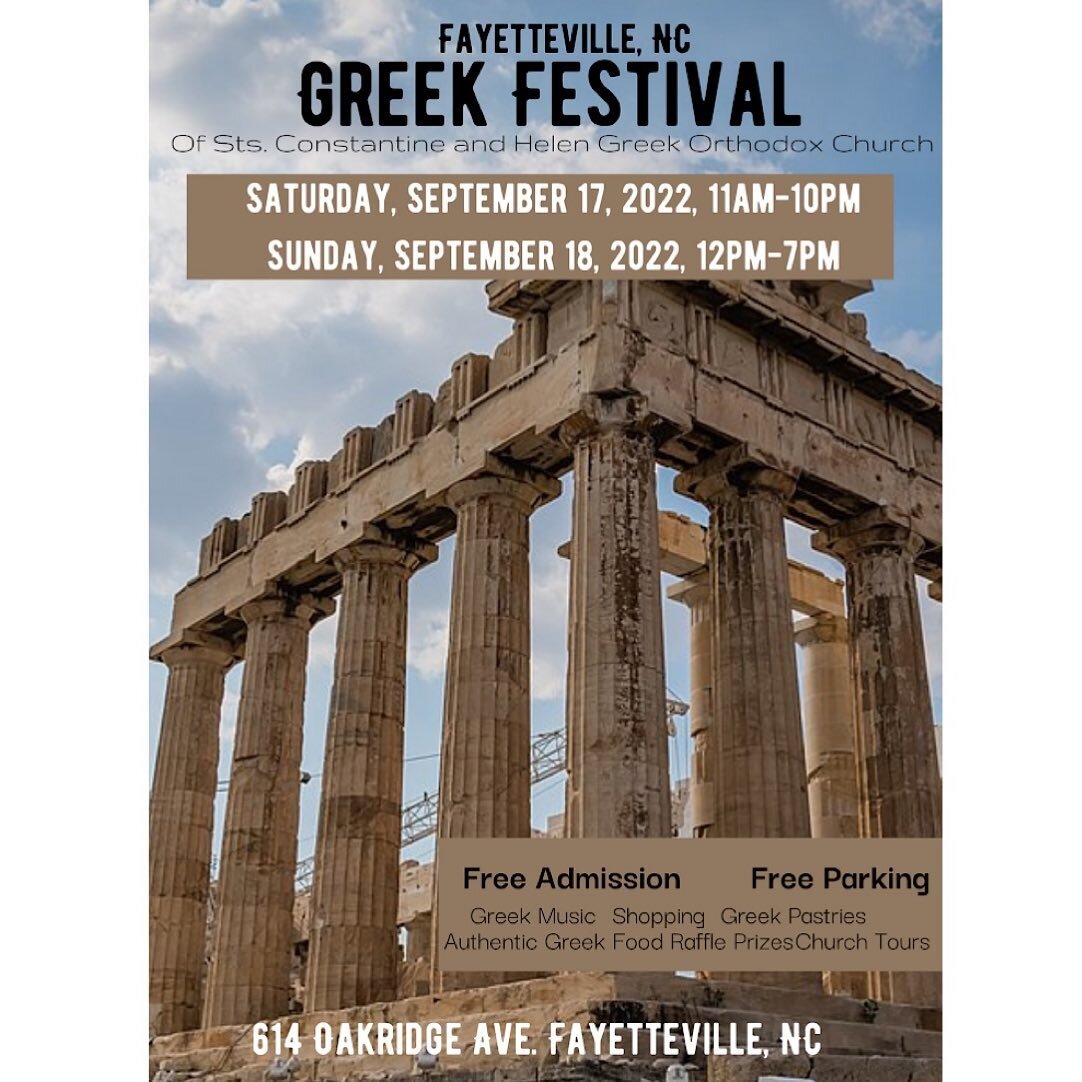 The count down is on. About a month until the Fayetteville Greek Festival. Food, pastries, shopping, Greek Music and much more. Saturday, September 17, 2022 @ 11am-10pm and Sunday, 18, 2022 @ 12pm-7pm. #greek #greekfood #greekfest #faync #fayettevill