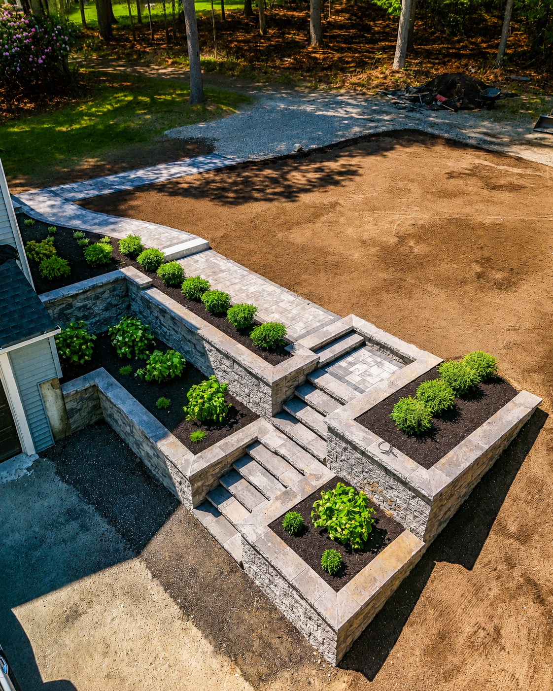 Retention Wall, Mulching, Planting, Pavers