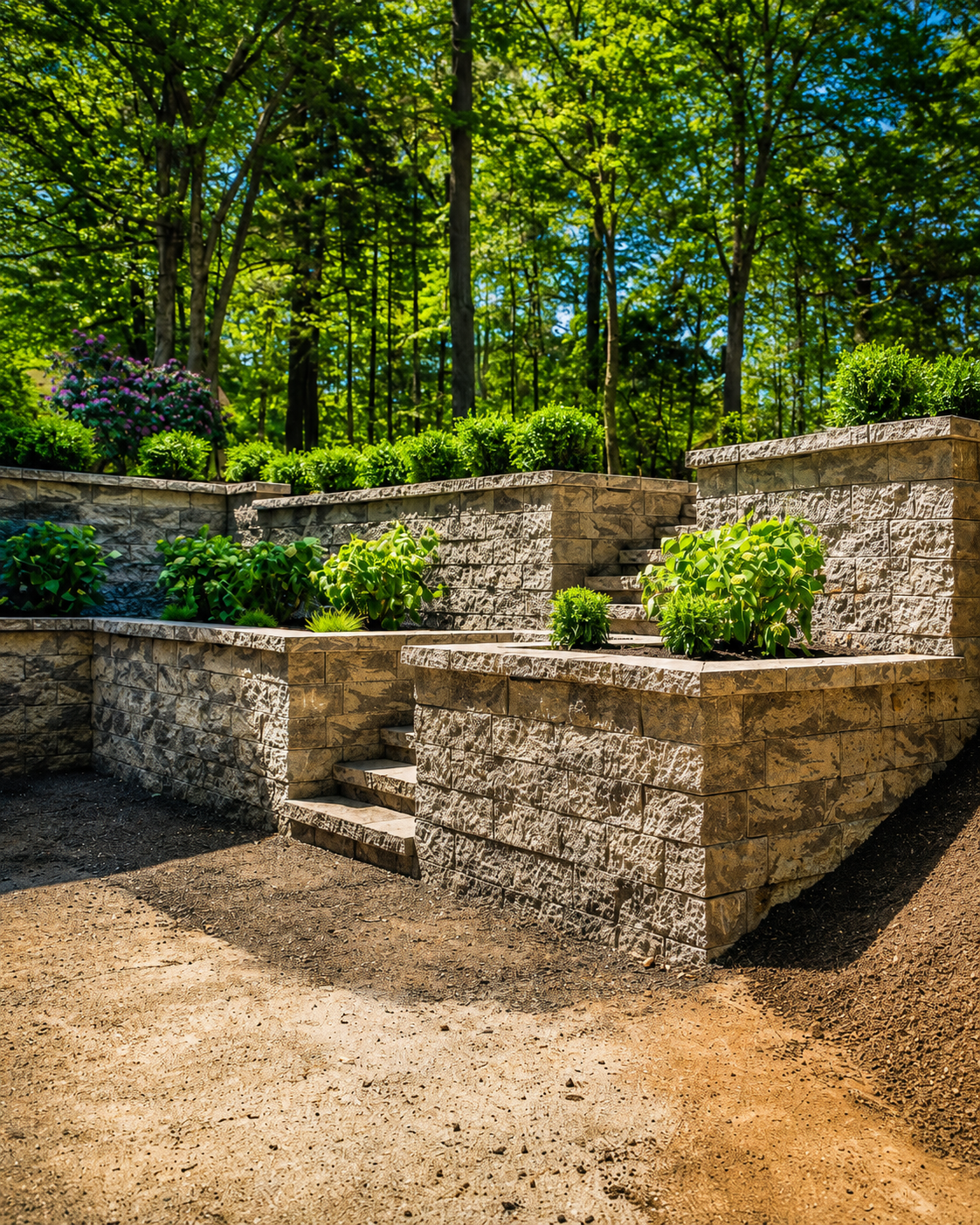 Retention Wall, Mulching, Planting, Pavers