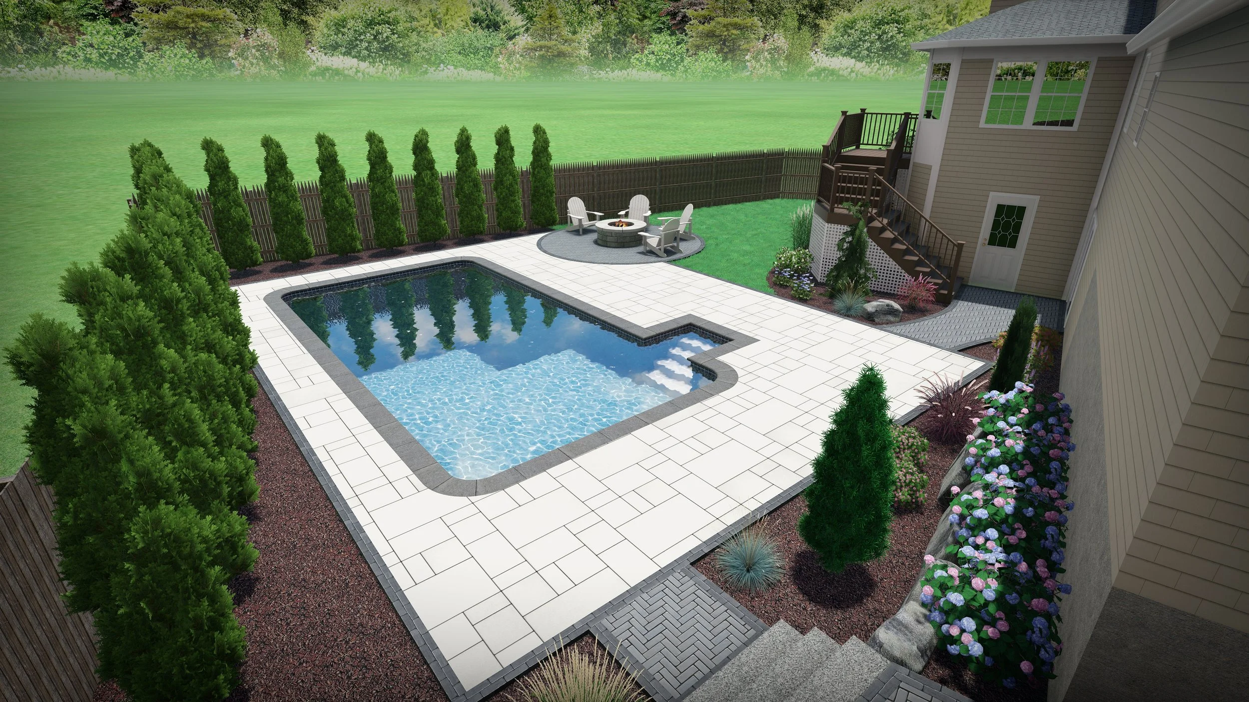 A backyard with a swimming pool, surrounded by a paved patio, green shrubs, and a wooden fence. There's a seating area with chairs around a firepit, and a two-story house with stairs leading to a deck.