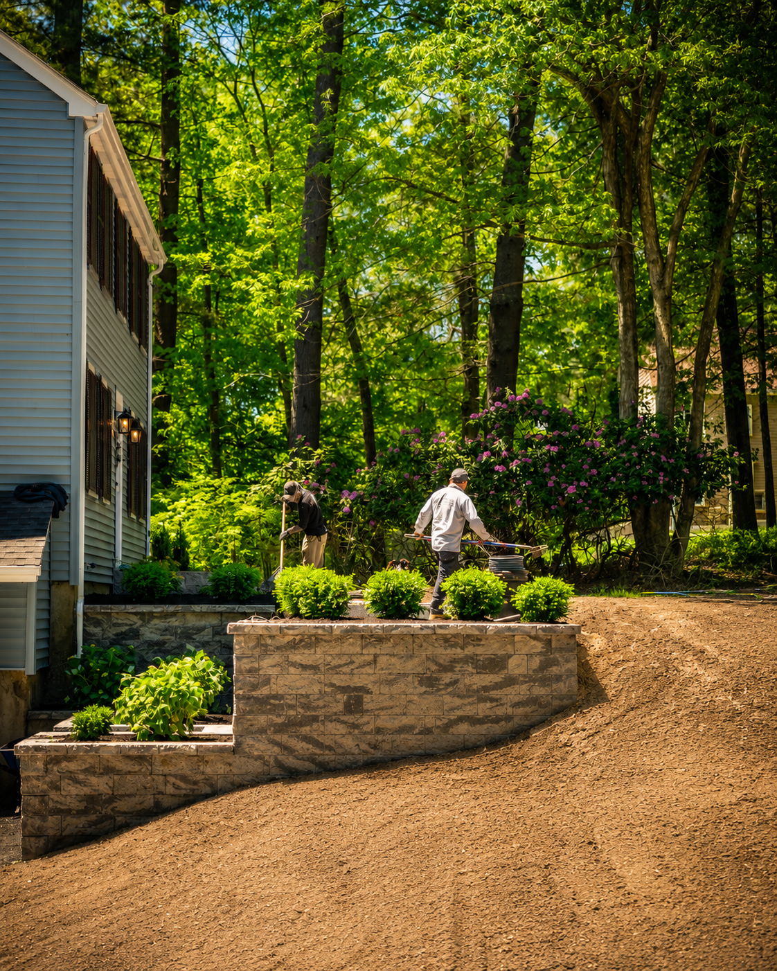 Retention Wall, Mulching, Planting, Pavers
