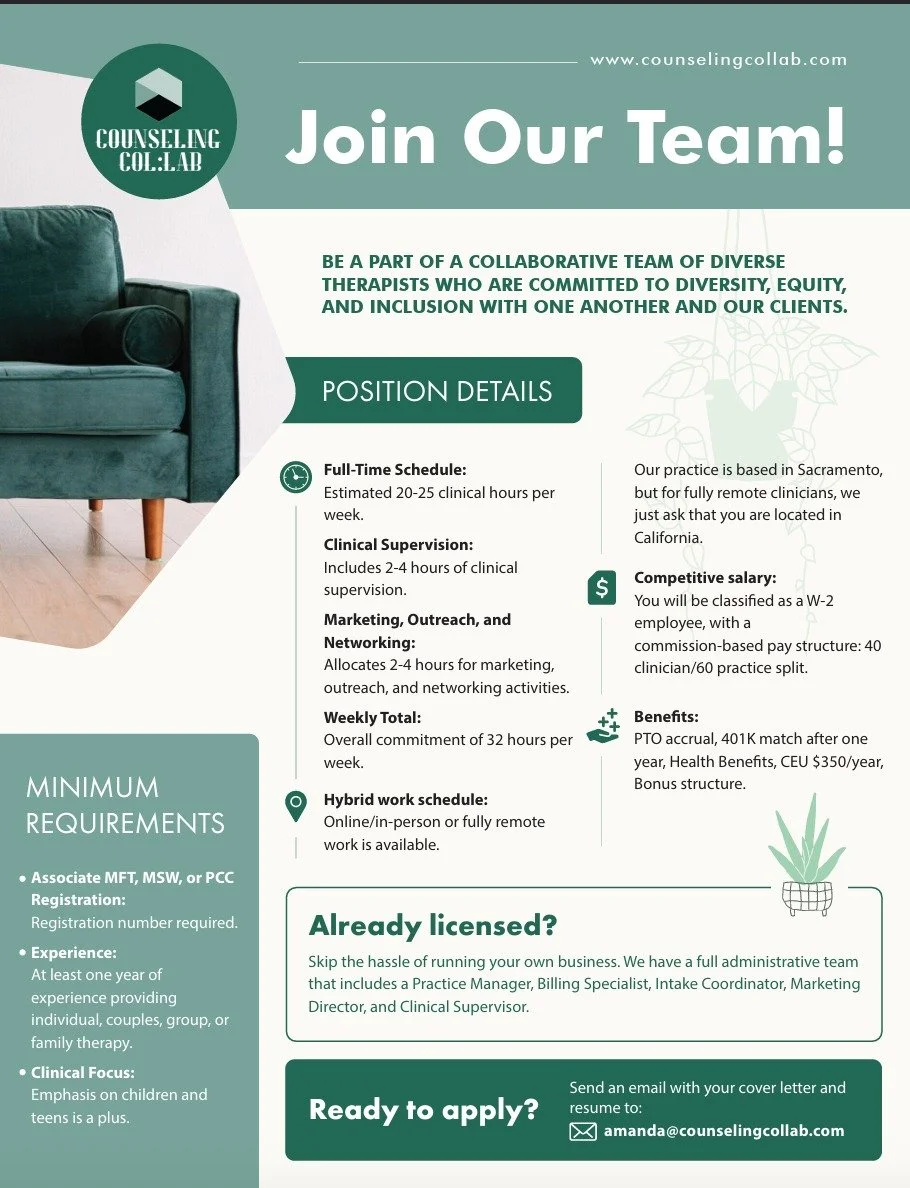 Sacramento therapists! Looking for experience working within a group practice? Send us your resume! 

#sacramentotherapist #sacramentotherapy #midtownsac #californiatherapist #californiatherapy