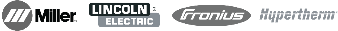 Logos for Miller, Lincoln Electric, Fronius, and Hypertherm.