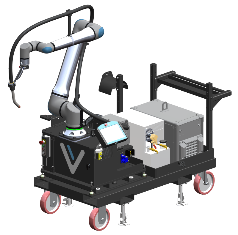 Vectis Rover mobile cobot welding system with collaborative robot arm, welding equipment, touchscreen controls, and wheeled base