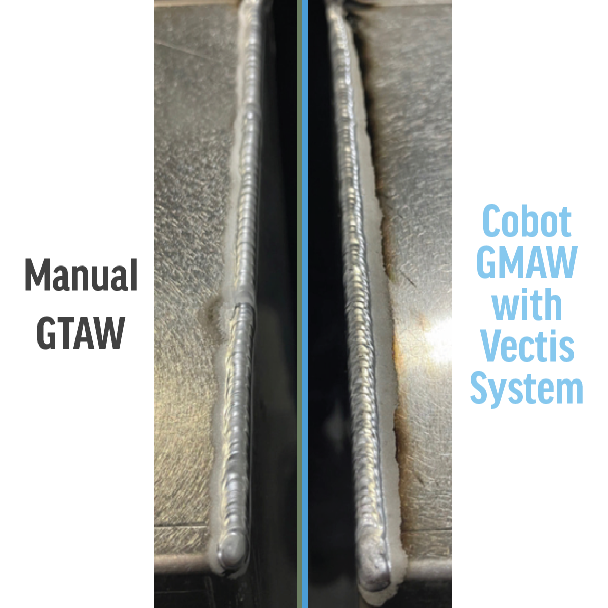 Side-by-side comparison of a manual GTAW weld and a cobot GMAW weld produced with a Vectis system on aluminum components.