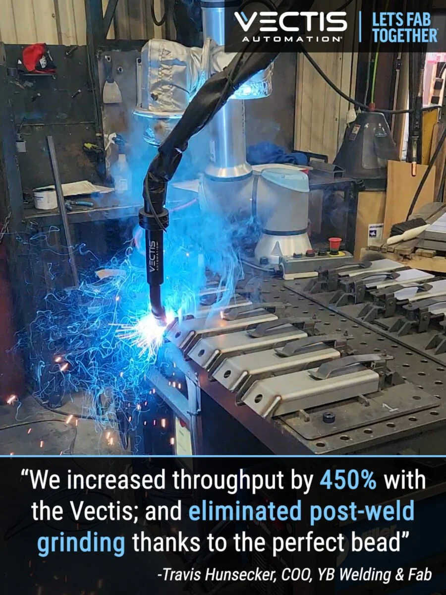 Vectis cobot welding system welding fixtured metal parts at YB Welding & Fab. Customer testimonial: throughput increased by 450%, and post-weld grinding was eliminated.