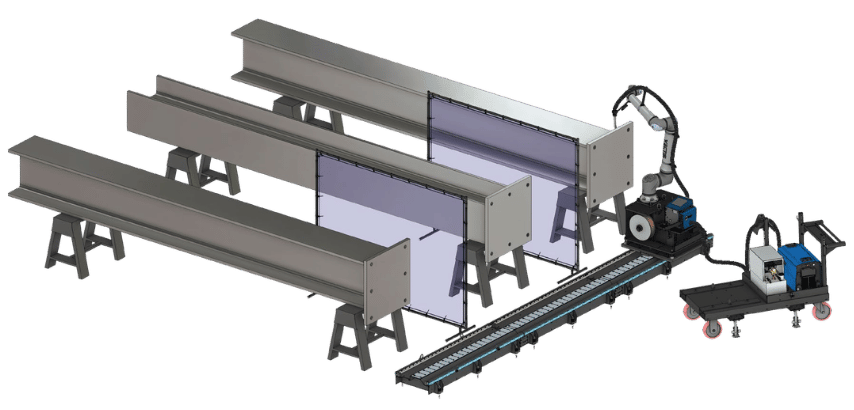 Vectis Rover with Slide linear range extender positioned to reach multiple structural steel work zones.