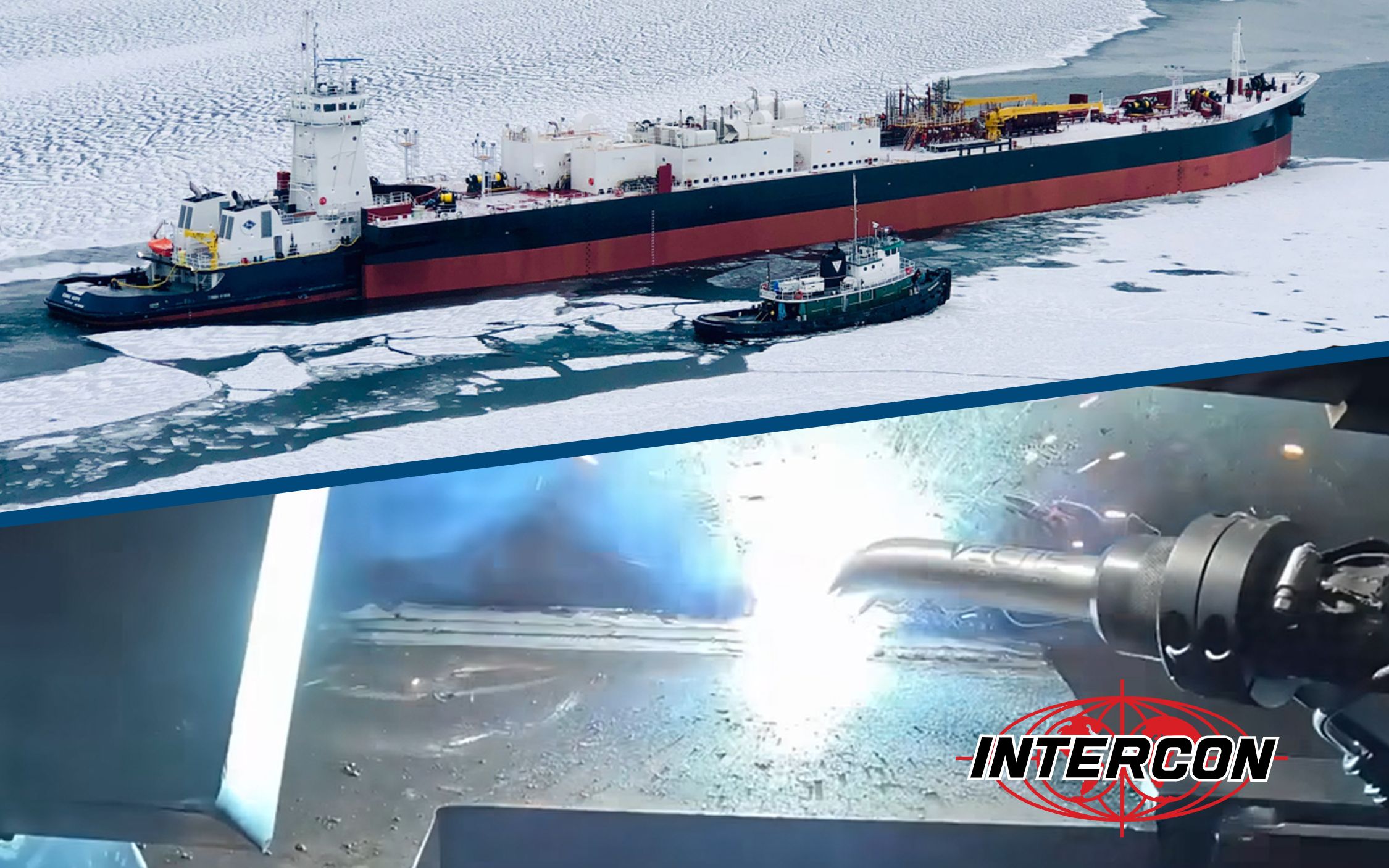 Intercon cobot welding system performing a weld for a marine fabrication application.