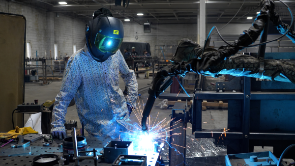 Collaborative welding system performing aluminum fabrication welding alongside an operator in a manufacturing environment.