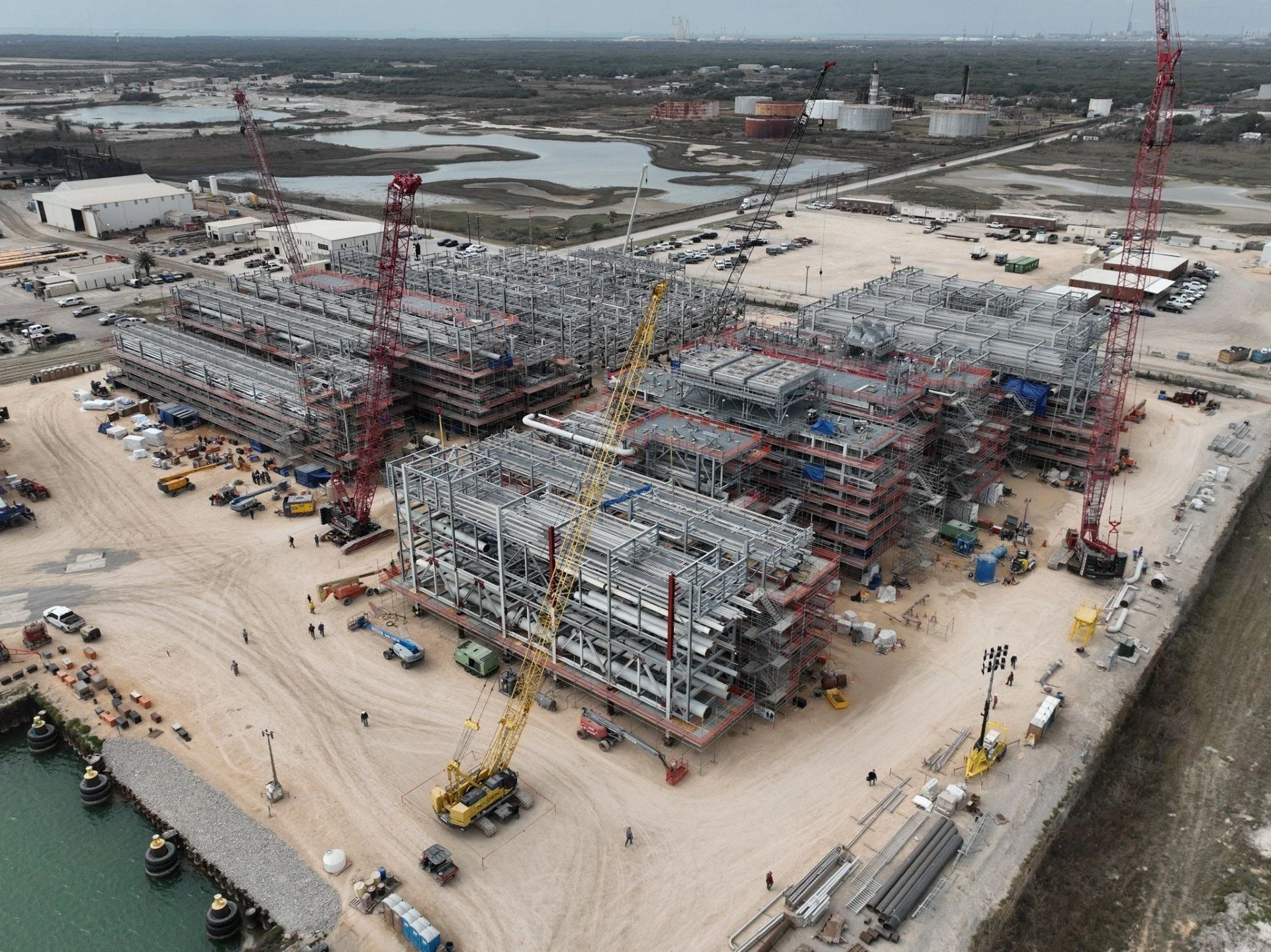 Aerial view of a large structural steel construction project supplied by Central Texas Ironworks.