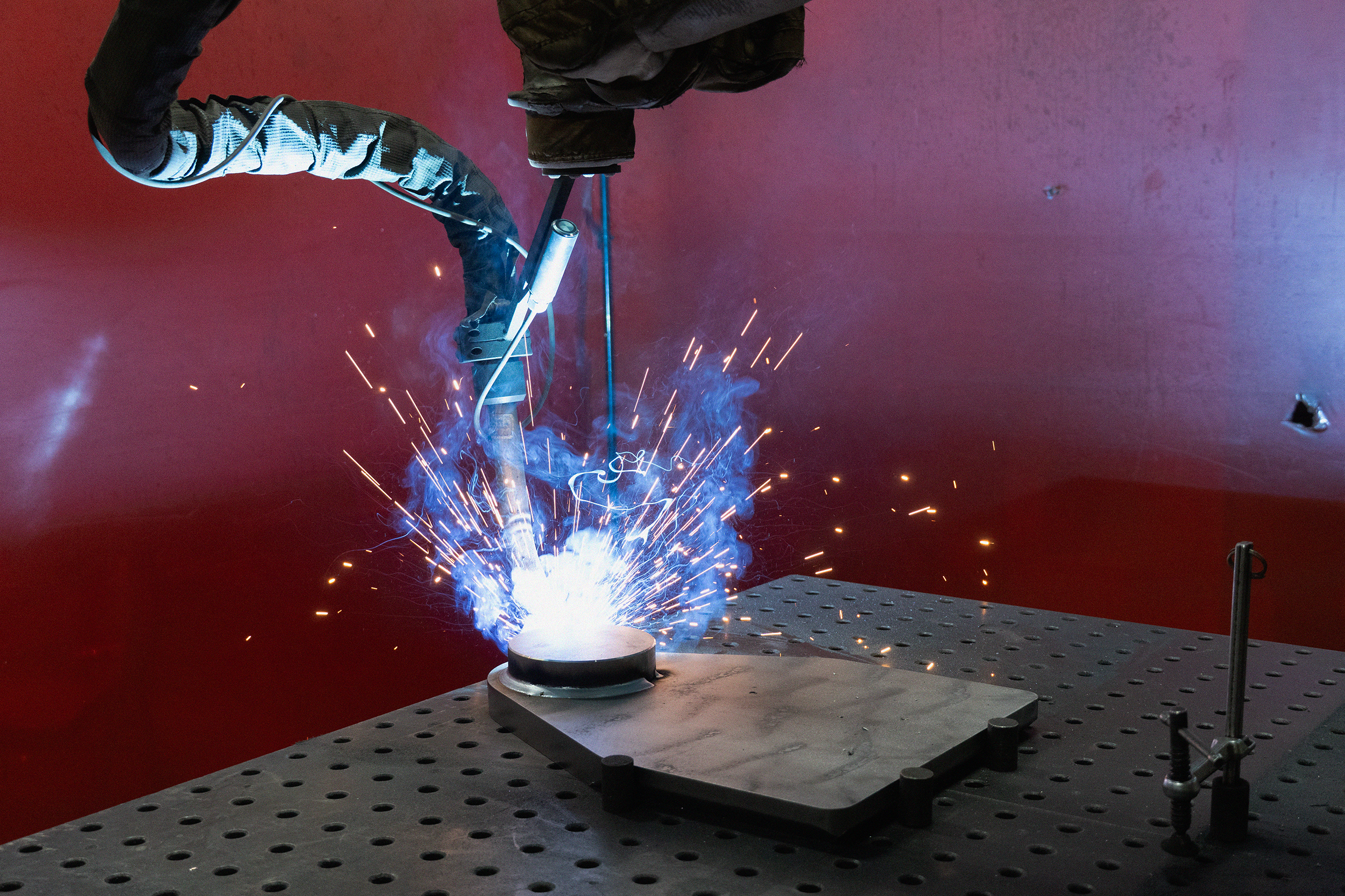 Closeup shot of Vectis Automation cobot welder in production at D&S Manufacturing