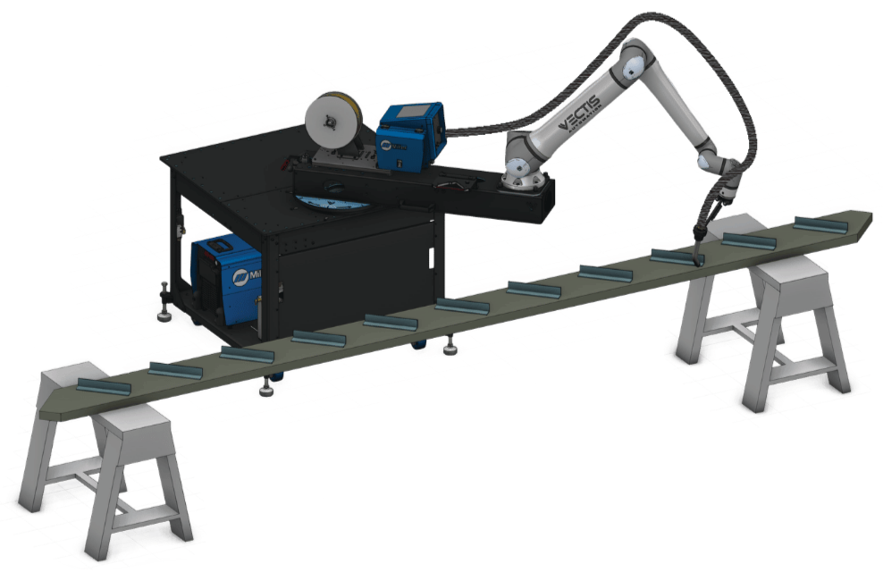 Vectis Park’N’Arc rotational range extender positioning a cobot along a long workpiece.