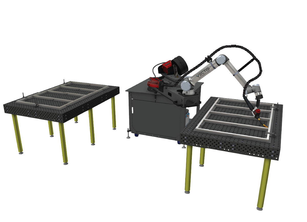 Dual-table cobot welding workstation with fixture tables on both sides, allowing part setup on one table while welding is performed on the other.