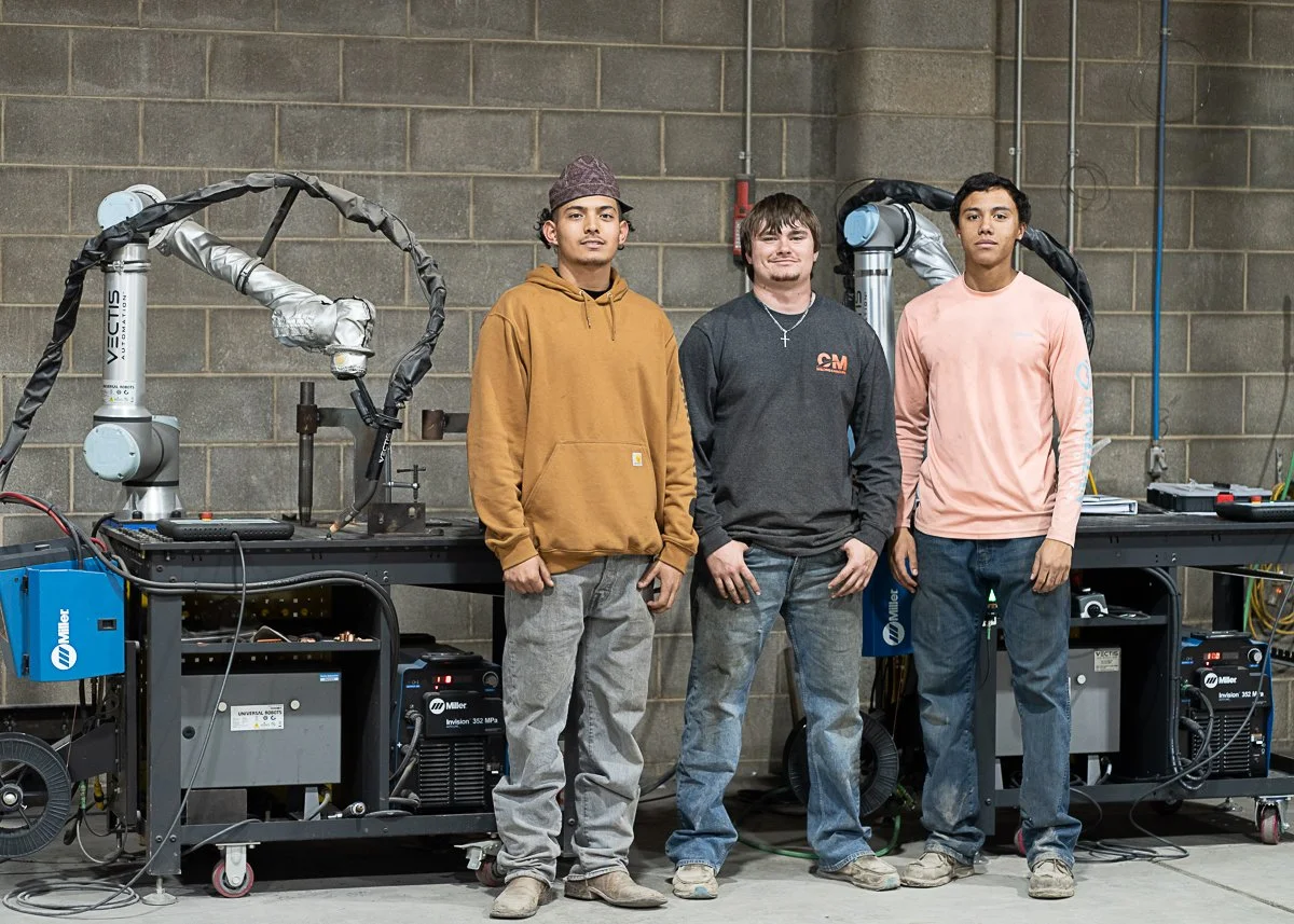 Vectis cobot welding system welding metal parts at H&H Metals. Customer testimonial: production increased from 150 parts per day manually to 760 parts per day with the Vectis system.
