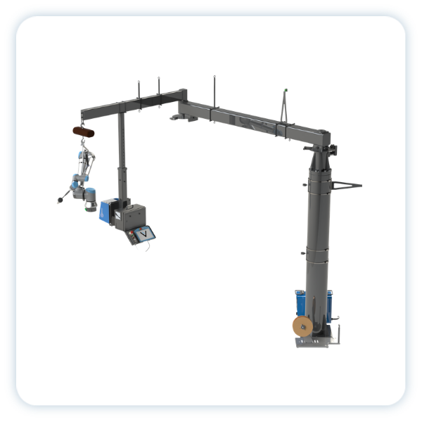 Vectis Welding Boom™ with an articulated cobot and welding equipment mounted to an adjustable overhead structure.
