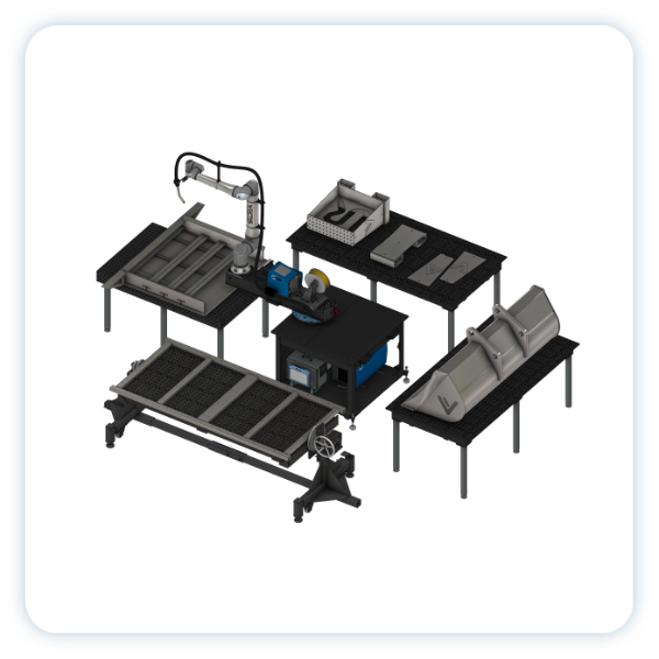 Vectis cobot welding cell with multiple worktables and fabricated metal assemblies arranged around the robotic welding system.