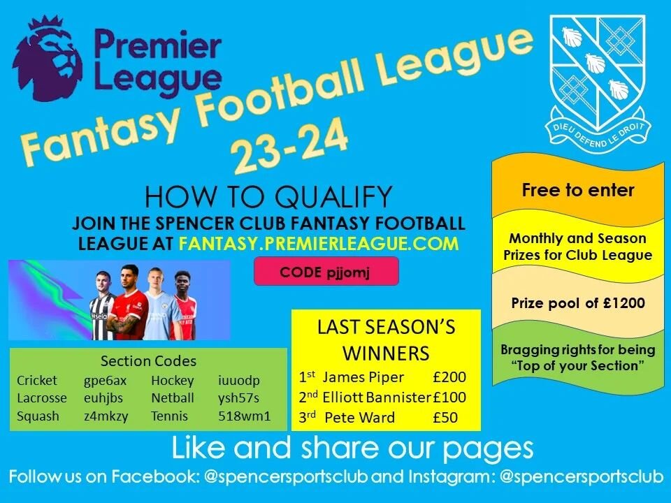 The football season is just a month away and that means Spencer Fantasy Football is back! 

Congratulations to last season's winners!

Check the image for all the information you need to join the club league as well as all our section codes! You can 
