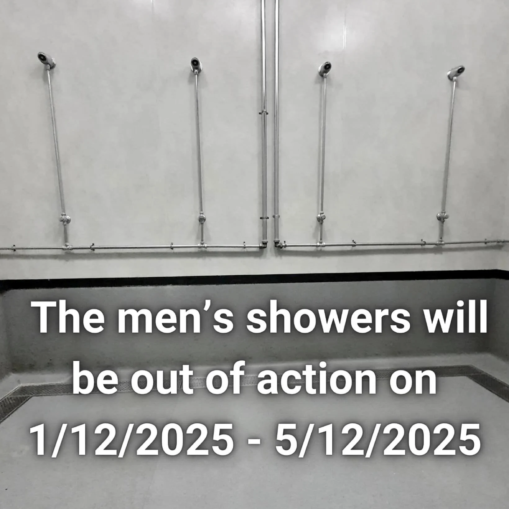 Notice to all members:

From December 1st through to December 5th refurb works will be taking place in the men&rsquo;s showers. They will therefore be out of action during this period.
We hope to have them fully functional by the weekend of 6/12. Apo