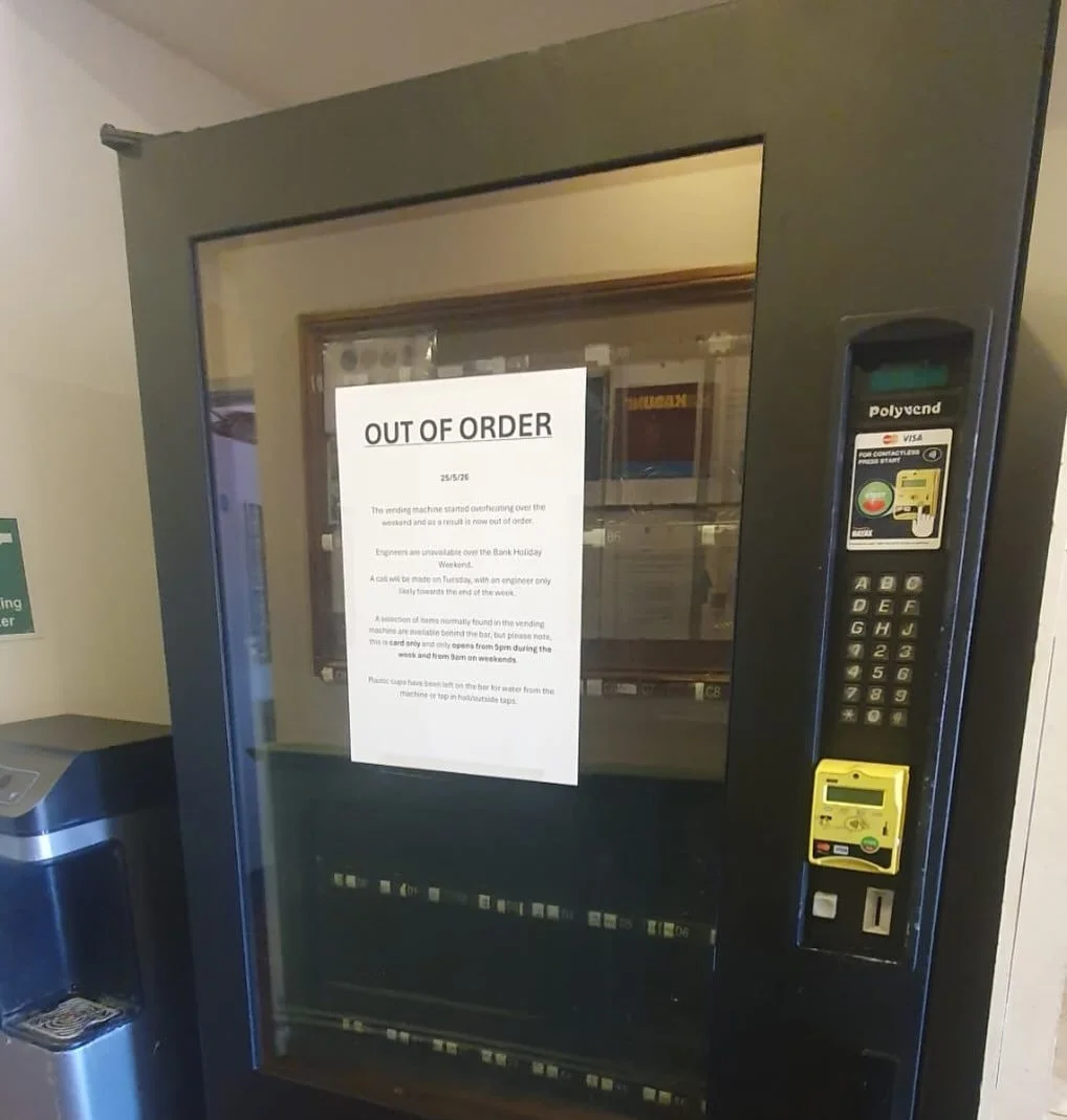 Bad luck strikes again and something else breaks down during a public holiday!

The vending machine started overheating too much over the Bank Holiday weekend to the point where its contents were warm.

Engineers are unavailable over the Bank Holiday