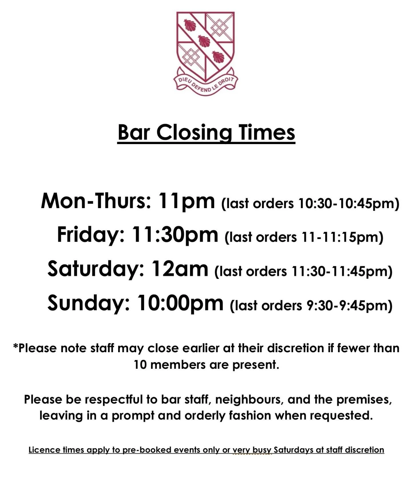 A reminder to all members that these are the official closing times for the bar at Spencer.

Please remember to be respectful to staff, refrain from arguing and leave in a prompt, quiet and orderly fashion when requested.

Rudeness or harassment towa