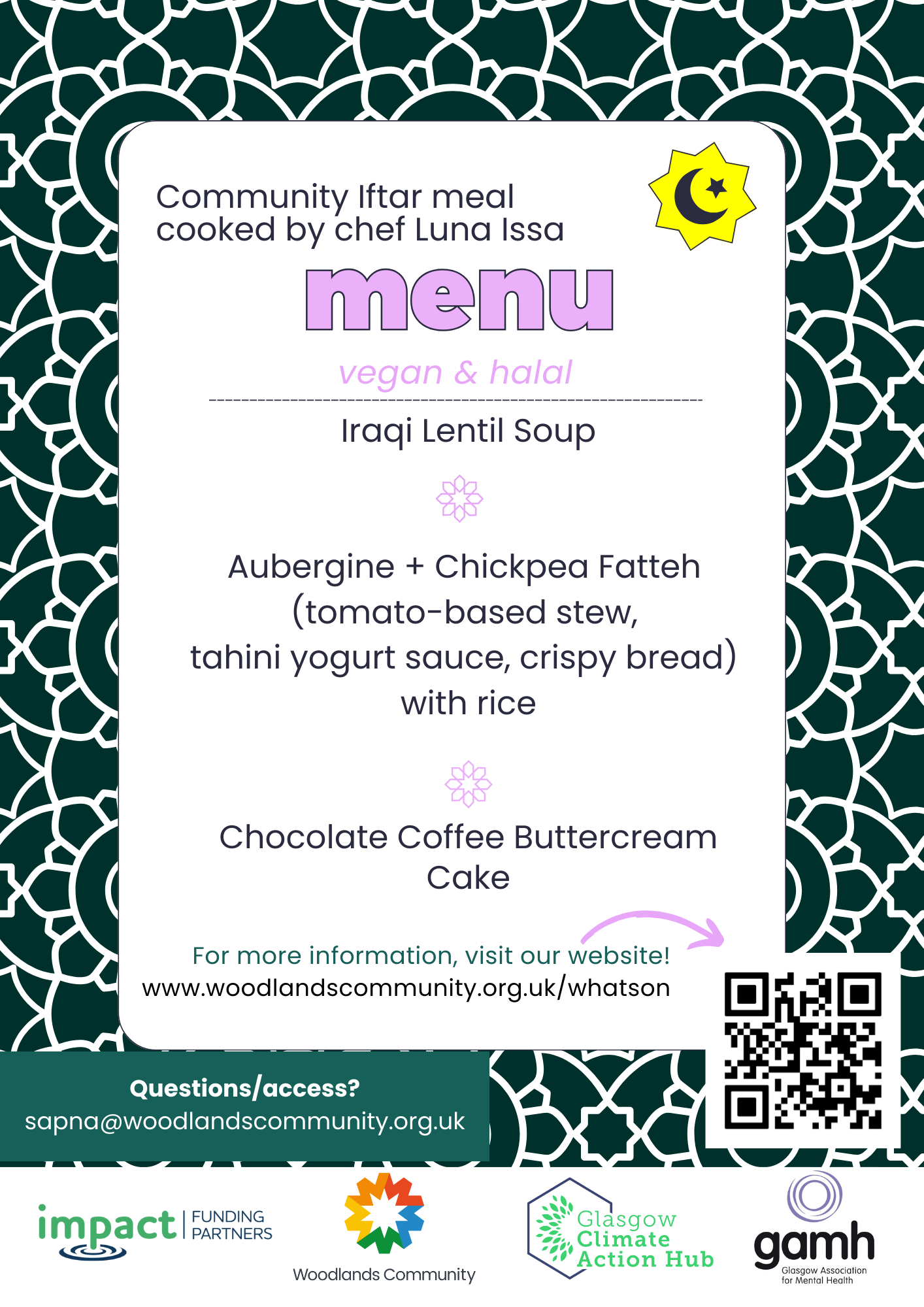 A menu with Islamic tiles in the background.